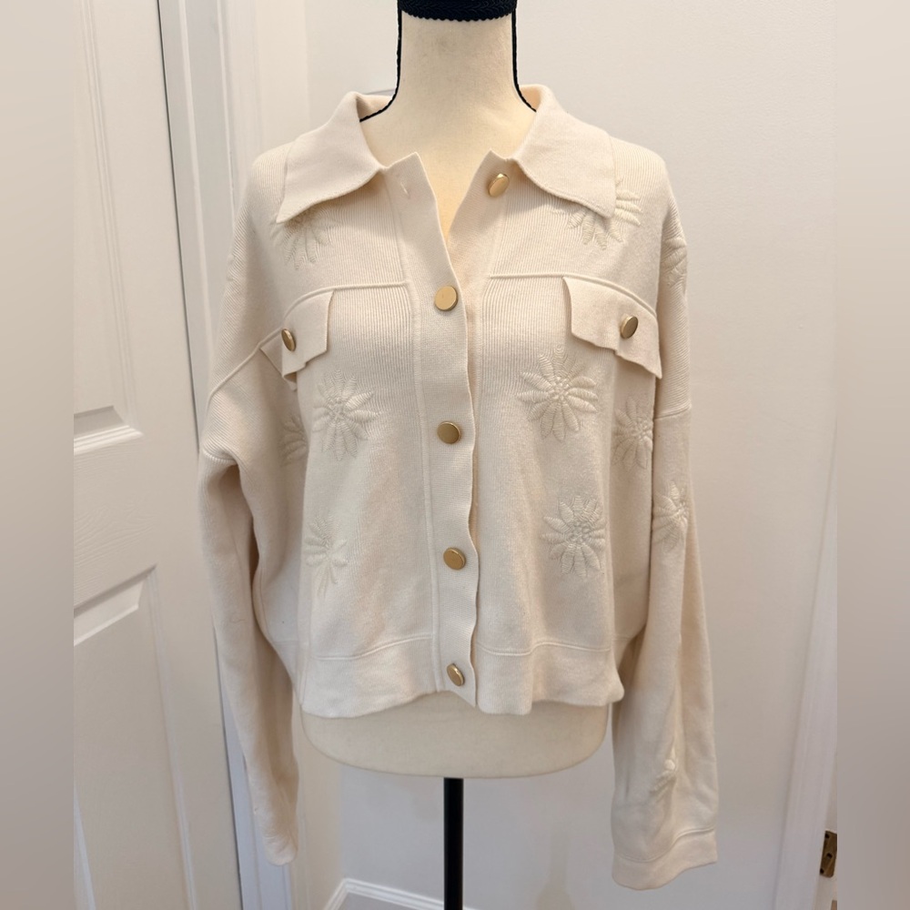 Cream Button-Front Cropped Jacket Sweater with Floral Embroidery